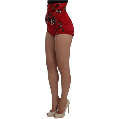 Dolce & Gabbana Red Silk Crystal Roses Shorts Dolce & Gabbana