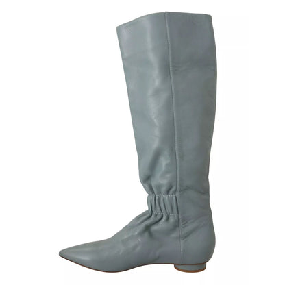 Valentino Blue Leather Elastic Flats Pull On Knee High Boots Shoes