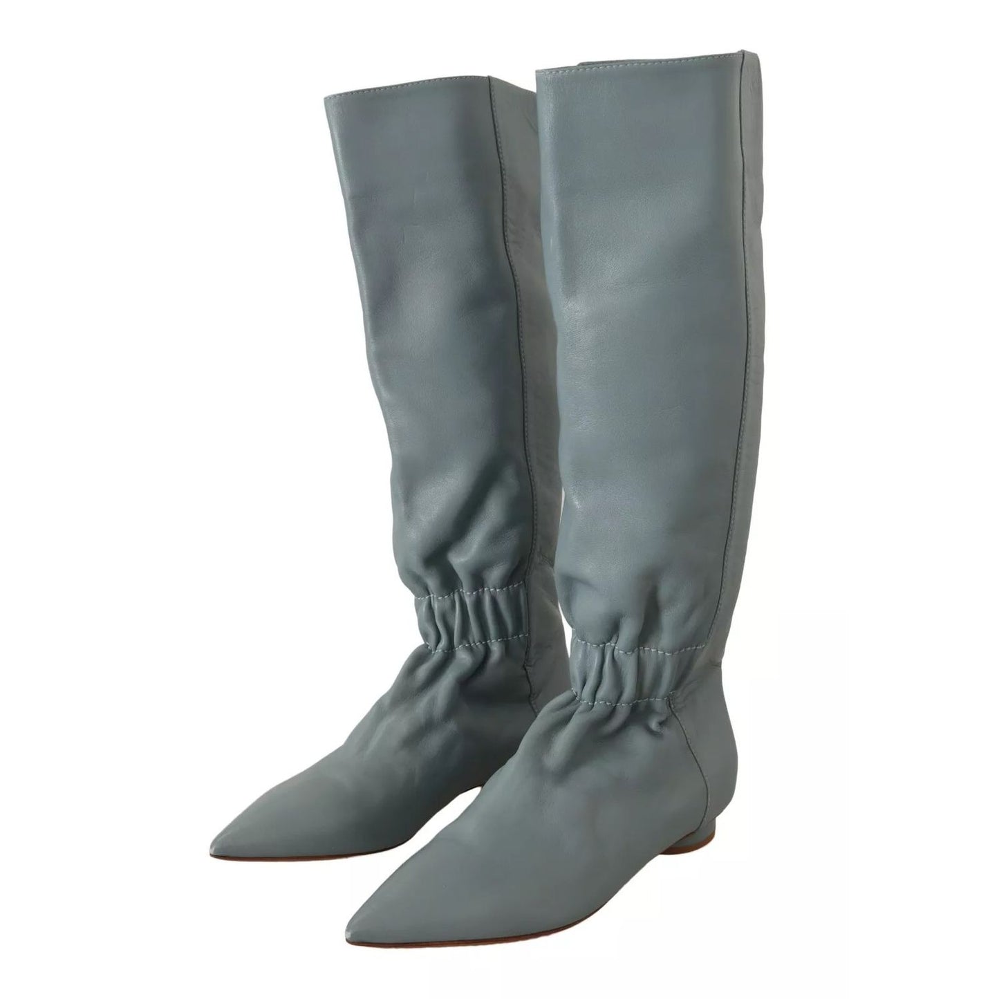 Valentino Blue Leather Elastic Flats Pull On Knee High Boots Shoes