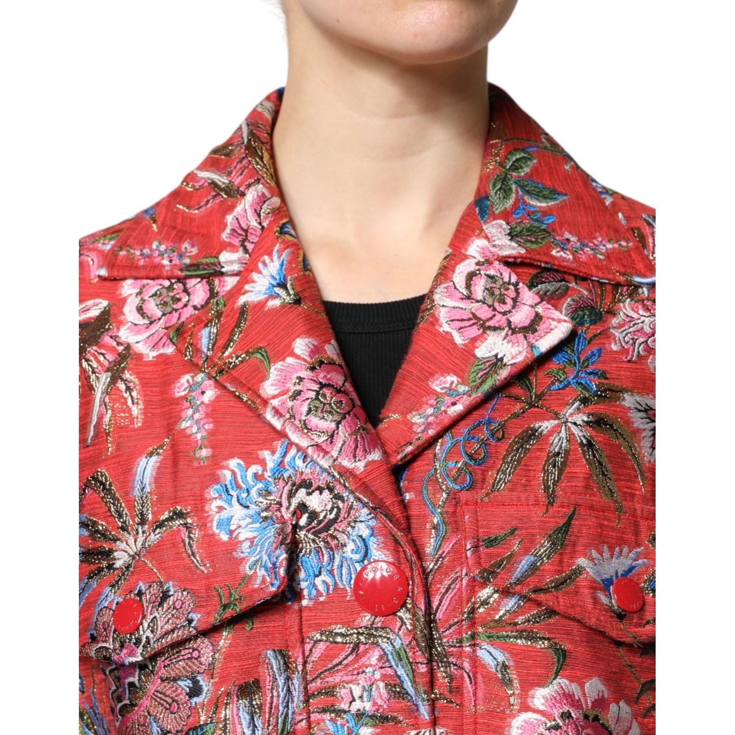 Dolce & Gabbana Red Floral Jacquard Button Down Coat Jacket
