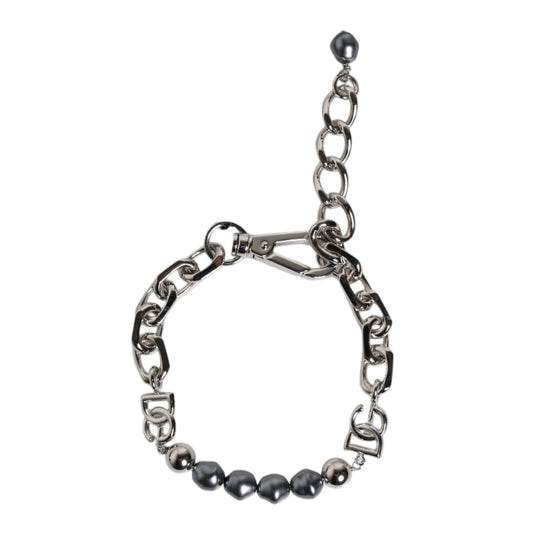 Dolce & Gabbana Silver Tone Chain Lobster Clasp Logo Gray Pearls Bracelet