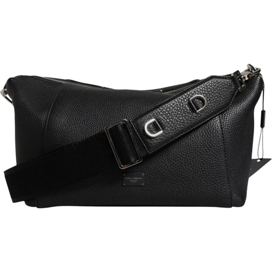 Dolce & Gabbana Black Leather Logo Plaque Shoulder Crossbody Bag