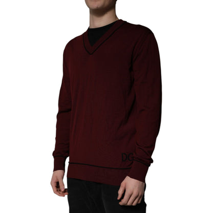 Dolce & Gabbana Maroon Cashmere V-neck Men Pullover Sweater