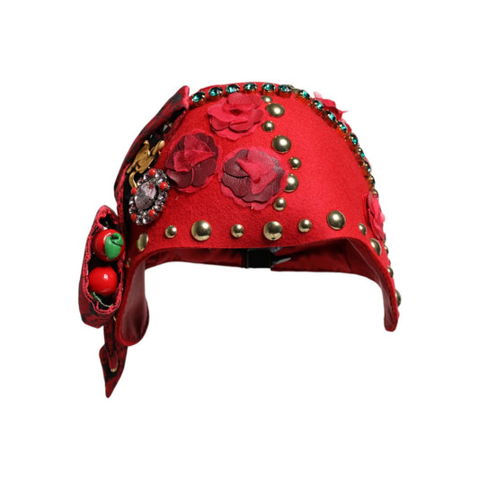 Dolce & Gabbana Red Crystal Gold Roses Brooch Embellished Hat 1728,67345645728,Accessories,Dolce & Gabbana,Hat - Women - Accessories,Hats - Accessories,Material: 60% Wool 13% Cotton 9% Viscose 8% Acetate 4% Polyester 4% Nylon 2% Silk,Preowned / Defect,Red