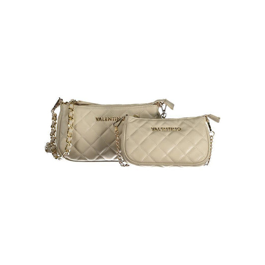 Mario Valentino white polyethylene handbag with removable chain strap, zip closure, internal pocket, and logo detail.