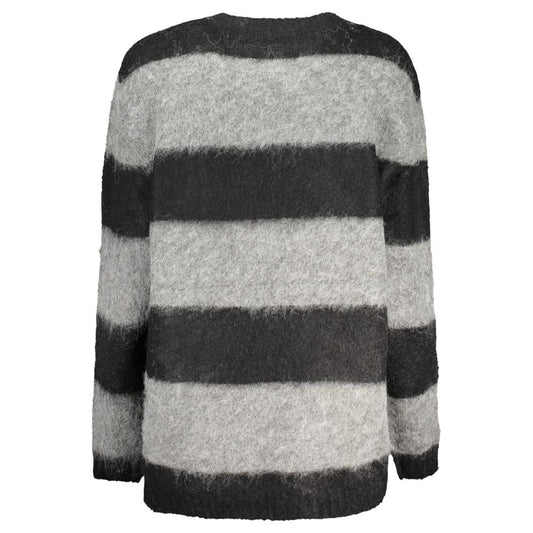 Guess Jeans black polyester striped long sleeve crew neck sweater with logo, back view.
