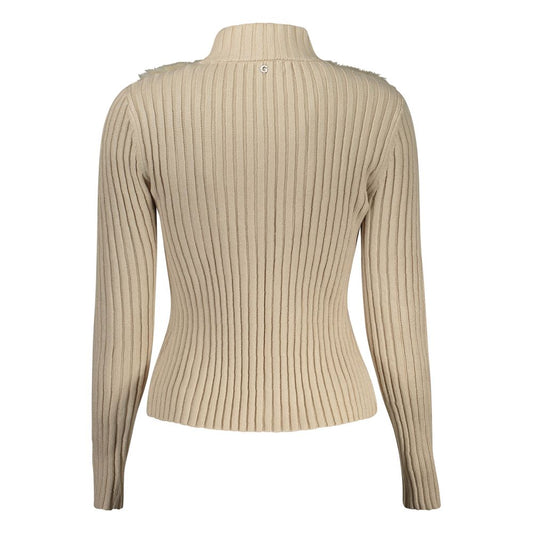 Back view of Guess Jeans beige polyester sweater, long sleeve cardigan with zip, contrasting details, and logo.