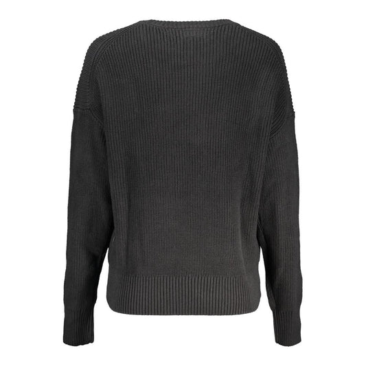 Alt Tag: Back view of Guess Jeans black cotton sweater with long sleeves and crew neck, featuring logo application.