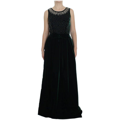 Dolce & Gabbana Green Velvet Crystal Long Maxi Dress Dolce & Gabbana
