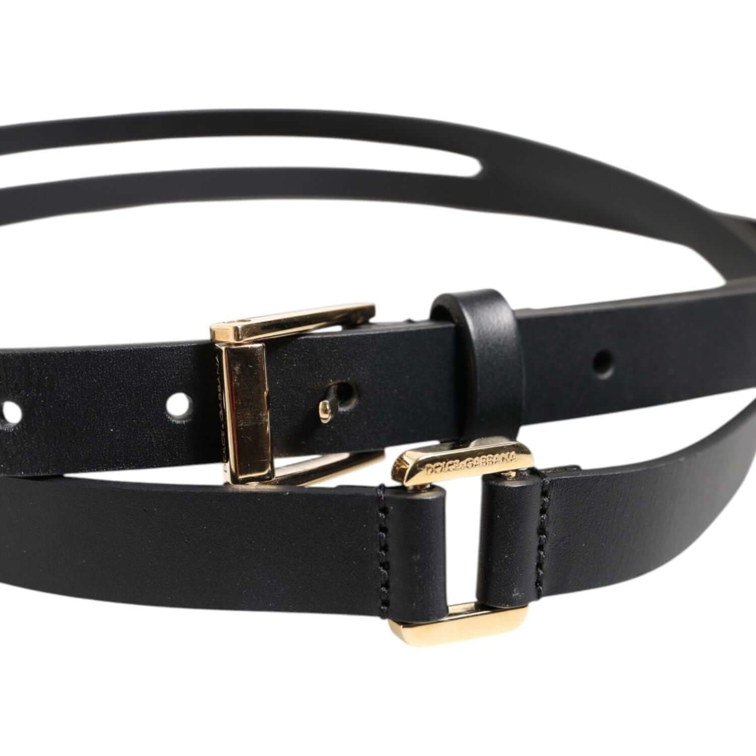 Dolce & Gabbana Black Double Strap Leather Gold Buckle Belt