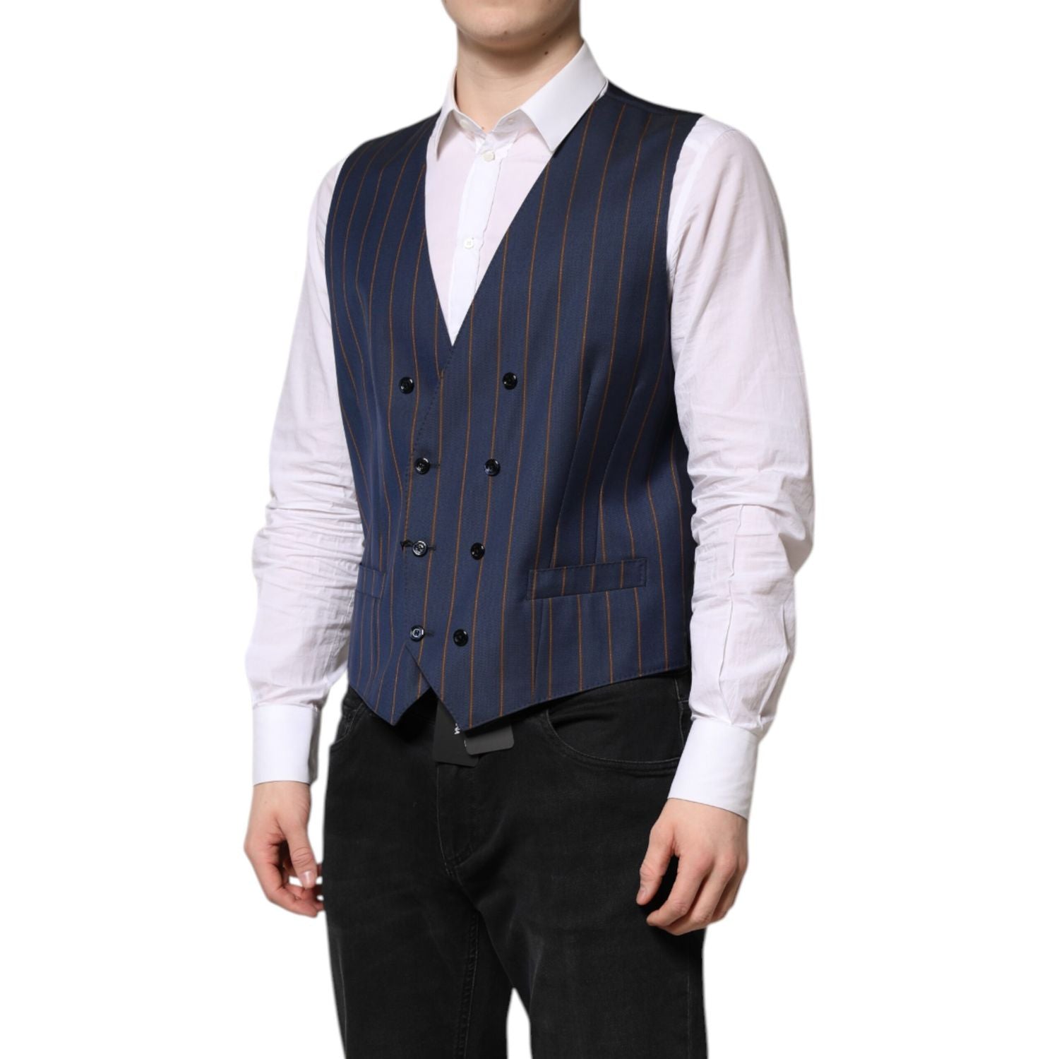 Dolce & Gabbana Blue Stripes Wool Formal Men Waistcoat Vest
