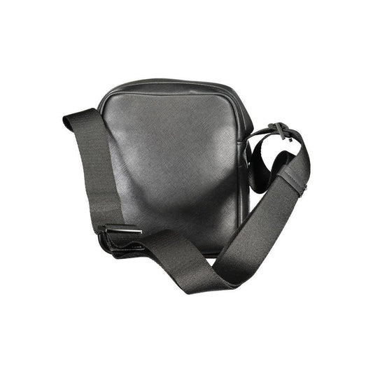 Calvin Klein black polyester shoulder bag with adjustable strap, zip closure, external pocket, and logo detail.