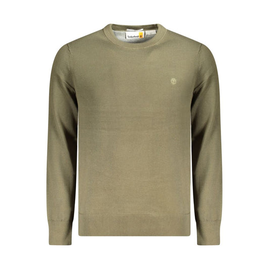 Timberland green cotton men's sweater with long sleeves and embroidered logo, showcasing modern style and organic comfort.