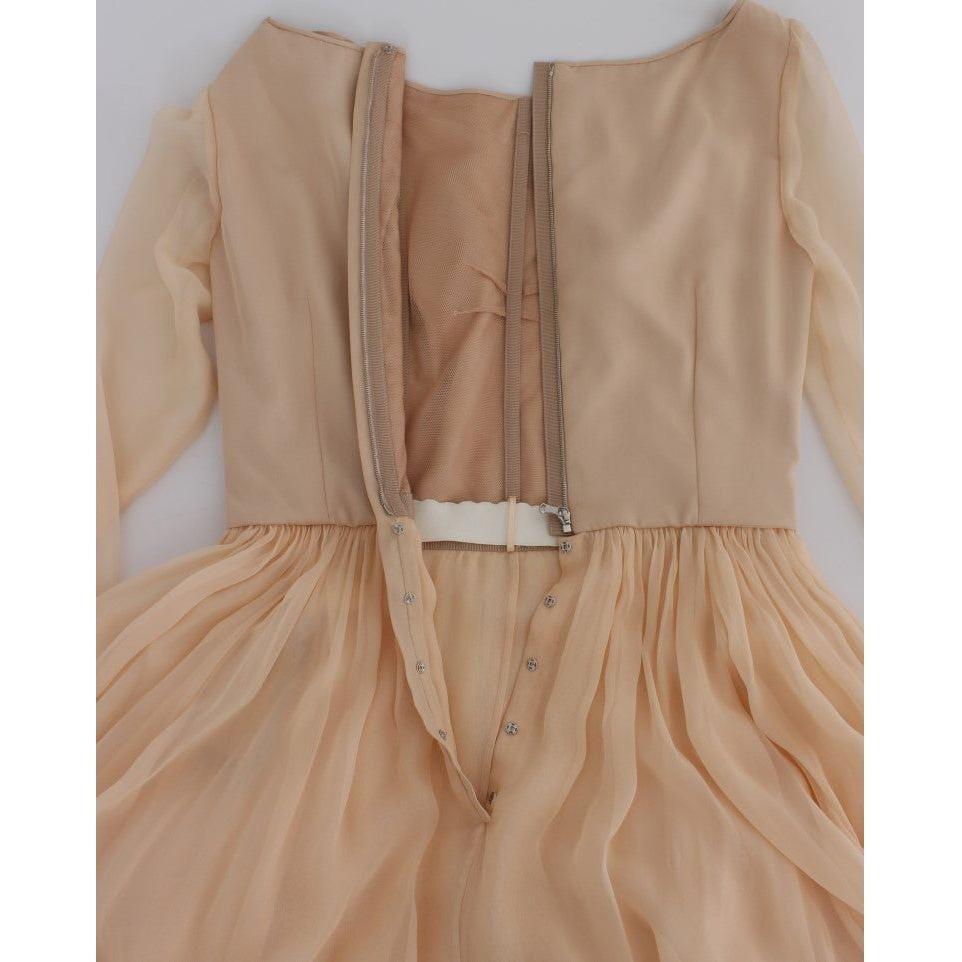 优雅米色真丝全长紧身连衣裙