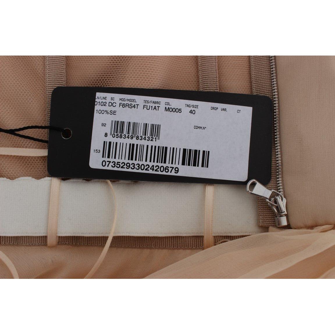 优雅米色真丝全长紧身连衣裙