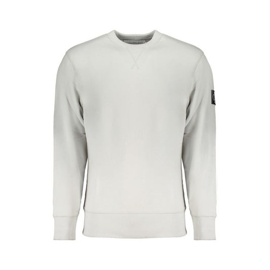 Calvin Klein gray cotton sweatshirt with long sleeves, crew neck, brushed texture, contrast details, and logo patch.