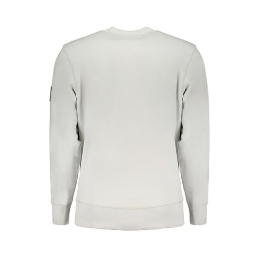 Back view of Calvin Klein gray cotton sweater featuring long sleeves, crew neck, brushed texture, and logo detail.