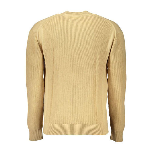 Back view of Calvin Klein beige long-sleeved cotton sweater with crew neck and logo embroidery on contrast details.