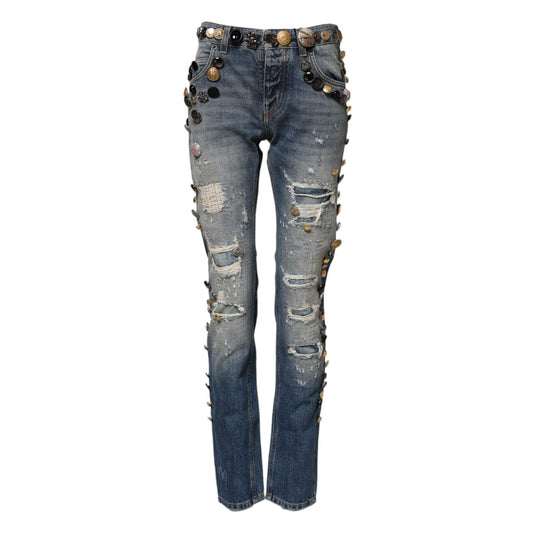Dolce & Gabbana Blue Embellished Tattered SkinnyDenim Jeans 1728,67345645728,Blue,Clothing,Dolce & Gabbana,IT36|XXS,IT38 | XS,Jeans & Pants - Women - Clothing,Jeans Denim - Clothing,Material: 100% Cotton,New with tags,Skinny Jeans - Jeans Denim - Clothing