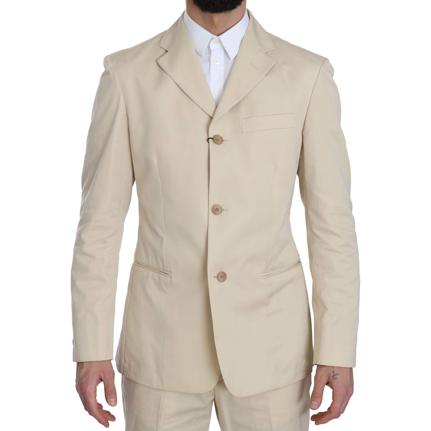Romeo Gigli Two Piece 3 Button Beige Cotton Solid Suit