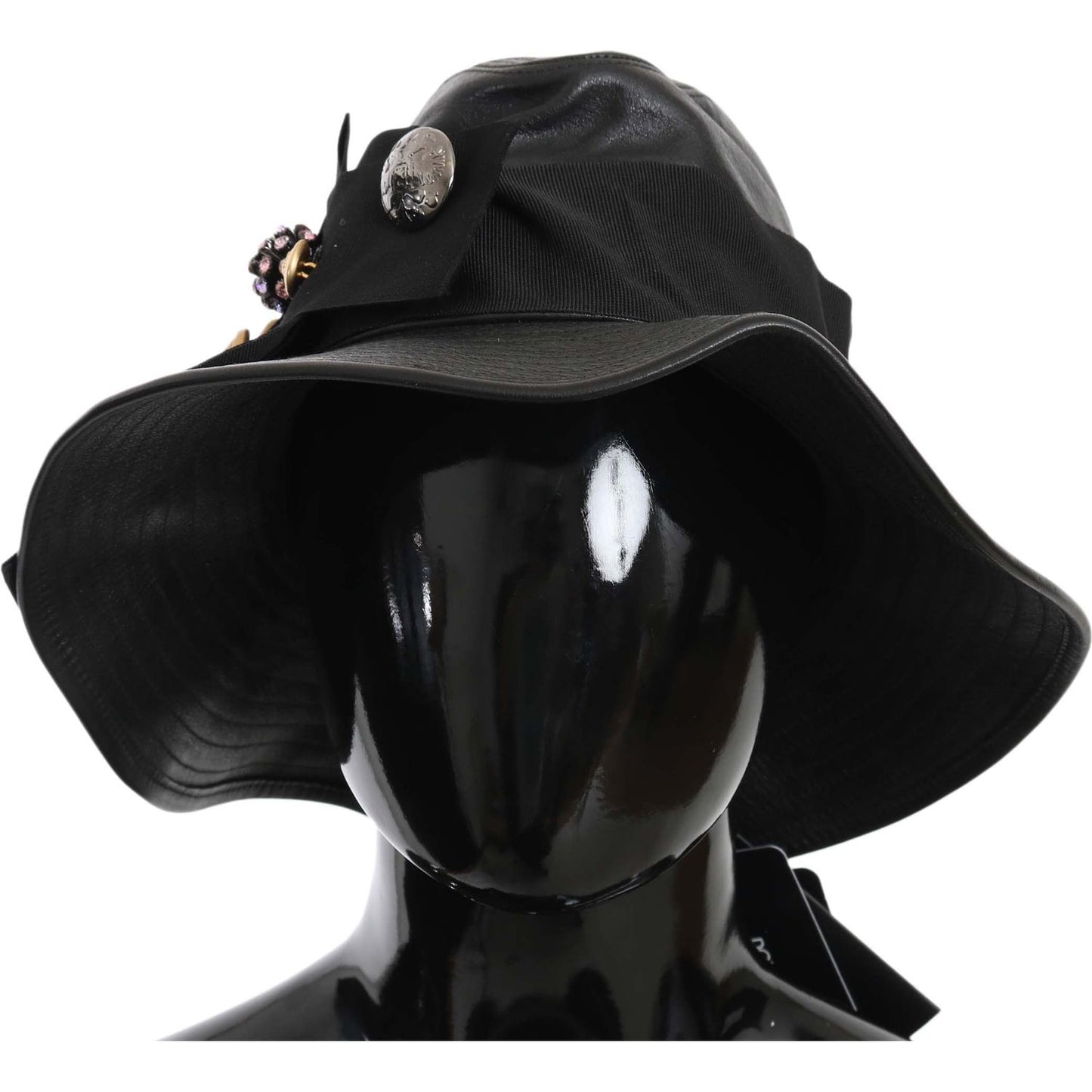 Dolce & Gabbana Black Leather DG Coin Crystal Wide Brim Hat Dolce & Gabbana