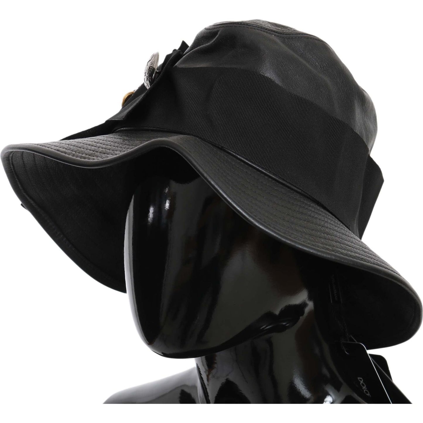 Dolce & Gabbana Black Leather DG Coin Crystal Wide Brim Hat Dolce & Gabbana