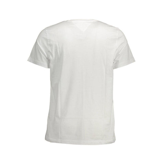 Back view of Tommy Hilfiger white cotton t-shirt, short sleeve, crew neck, featuring logo embroidery, made from 100% organic cotton.