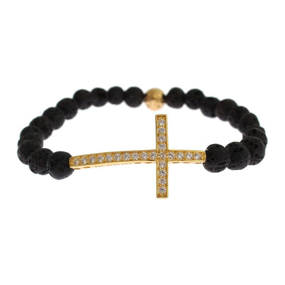 Nialaya Lava Stone Gold Clear CZ Cross 925 Silver Bracelet Nialaya