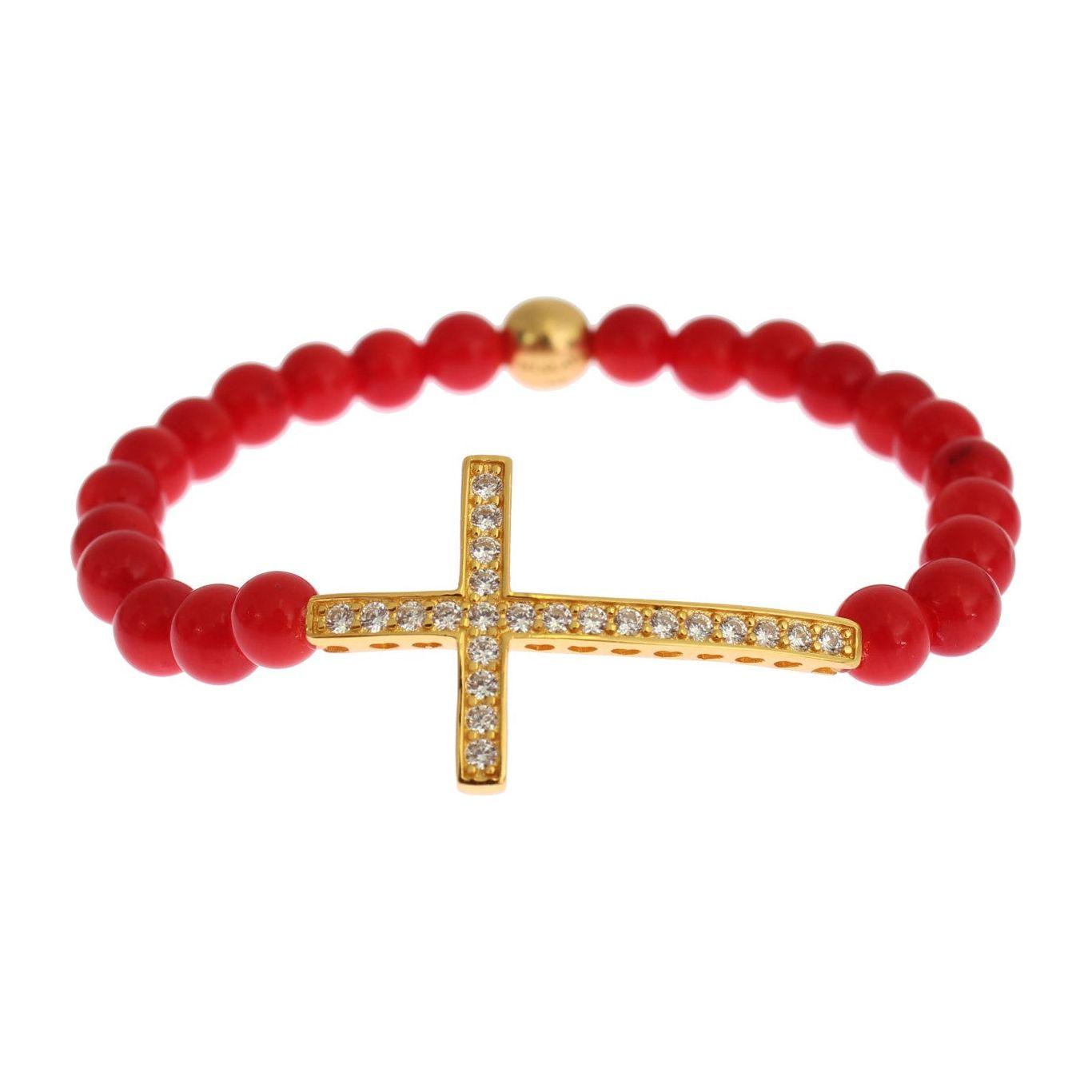 Nialaya Red Coral Gold CZ Cross 925 Silver Bracelet Nialaya