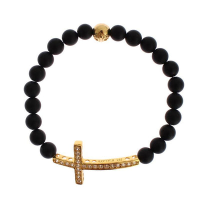 Nialaya Matte Onyx Stone Gold CZ Cross 925 Silver Bracelet Nialaya