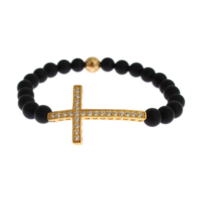 Nialaya Matte Onyx Stone Gold CZ Cross 925 Silver Bracelet Nialaya