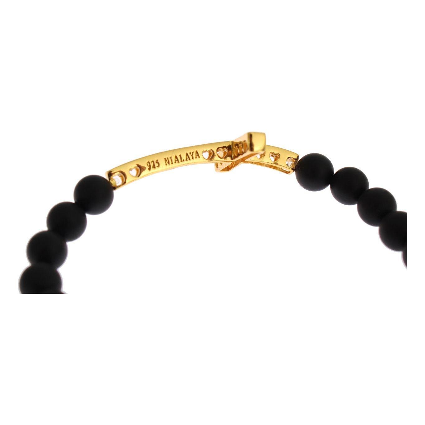Nialaya Matte Onyx Stone Gold CZ Cross 925 Silver Bracelet Nialaya