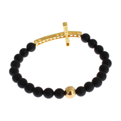 Nialaya Matte Onyx Stone Gold CZ Cross 925 Silver Bracelet Nialaya