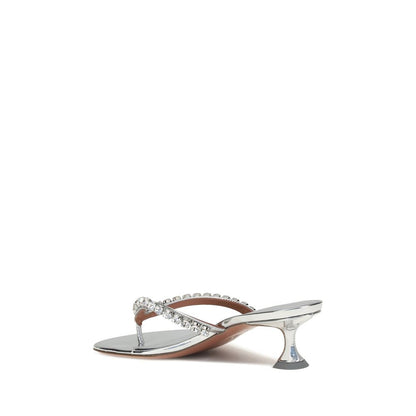 Amina Muaddi Silver Calf Leather Bos Taurus Stiletto Heel Sandals Amina Muaddi