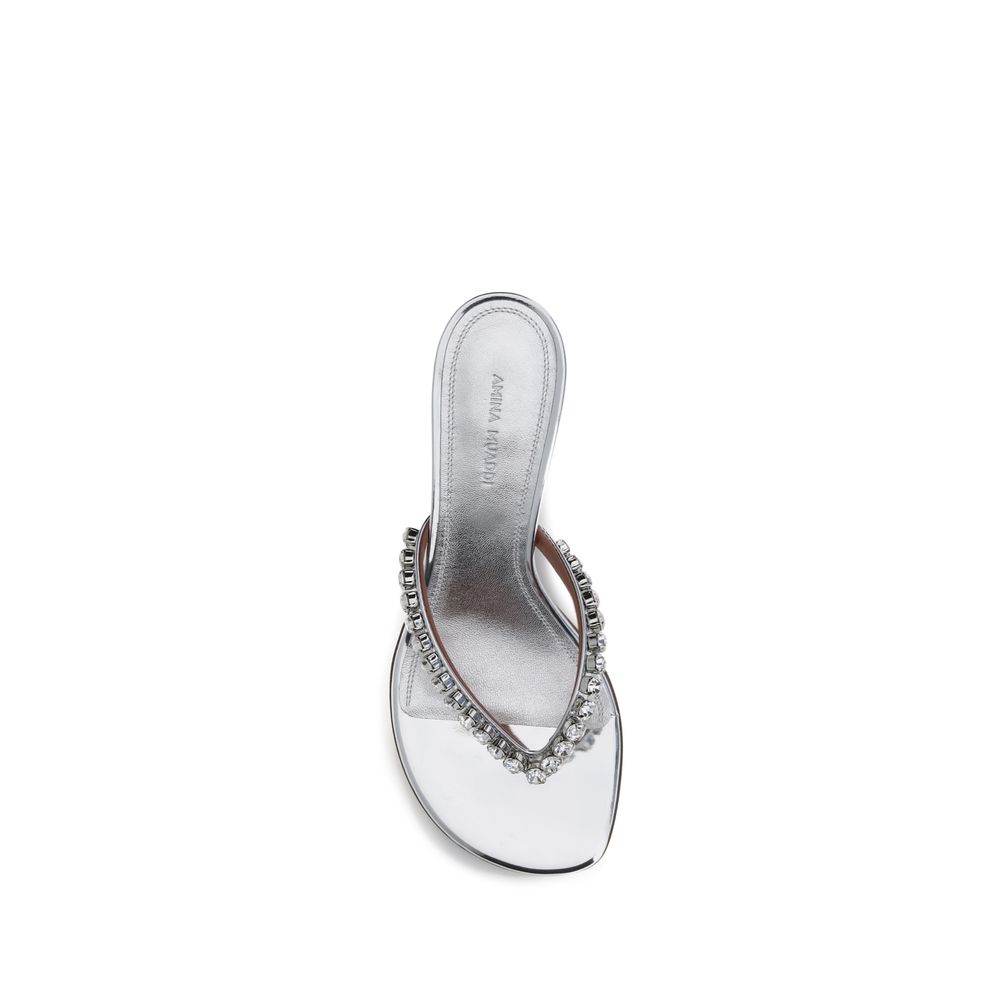 Amina Muaddi Silver Calf Leather Bos Taurus Stiletto Heel Sandals Amina Muaddi