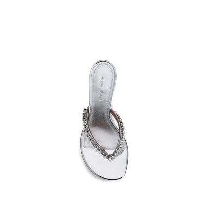 Amina Muaddi Silver Calf Leather Bos Taurus Stiletto Heel Sandals Amina Muaddi