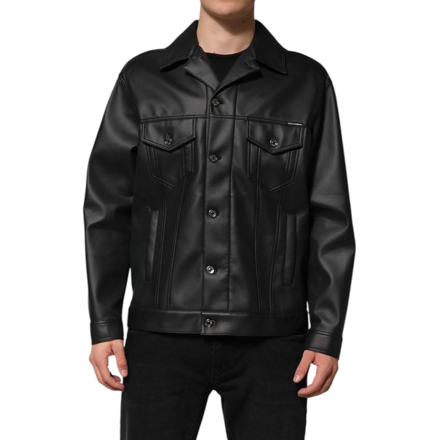 Dolce & Gabbana Black Polyester Button Down Biker Jacket 1728,67345645728,Biker Jackets - Jackets & Coats - Clothing,Black,Clothing,Dolce & Gabbana,IT50 | L,Jackets & Coats - Clothing,Jackets - Men - Clothing,Material: 90% Polyester 8% Paper 2% Elastane,M