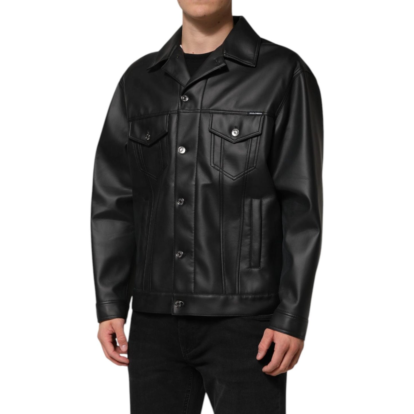 Dolce & Gabbana Black Polyester Button Down Biker Jacket 1728,67345645728,Biker Jackets - Jackets & Coats - Clothing,Black,Clothing,Dolce & Gabbana,IT50 | L,Jackets & Coats - Clothing,Jackets - Men - Clothing,Material: 90% Polyester 8% Paper 2% Elastane,M
