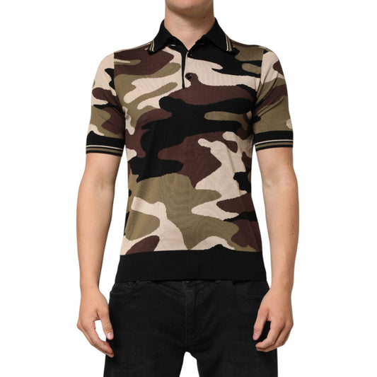 Dolce & Gabbana Camouflage Brown Silk Military Polo T-shirt