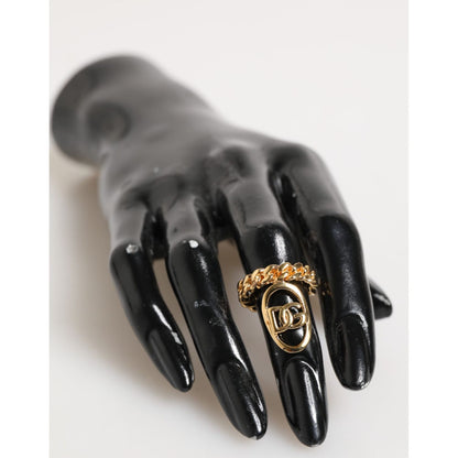 Dolce & Gabbana Gold Tone Brass Oval DG Logo Chain Adjustable Ring