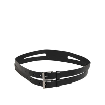 Dolce & Gabbana Black Double Strap Leather Silver Buckle Belt