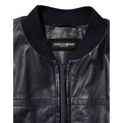 Dolce & Gabbana Blue Leather Full Zip Biker Blouson Jacket