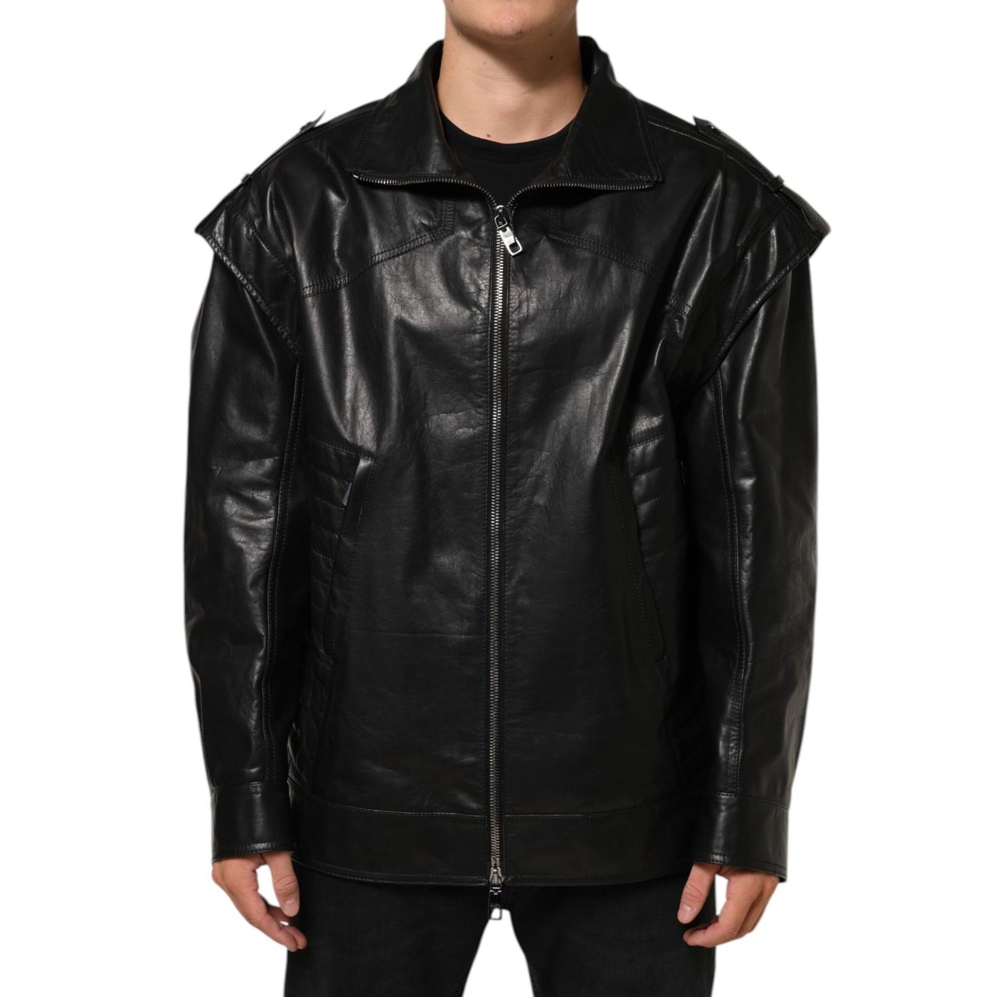 Dolce & Gabbana Black Leather Full Zip Biker Blouson Jacket