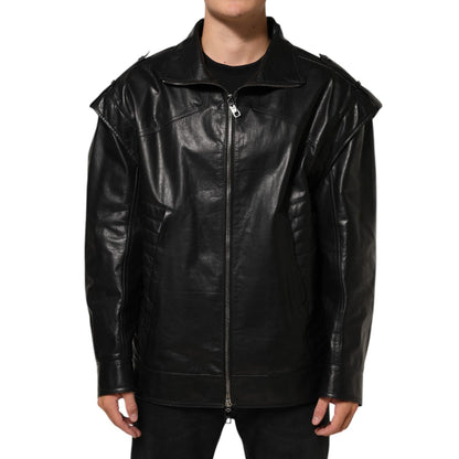 Dolce & Gabbana Black Leather Full Zip Biker Blouson Jacket