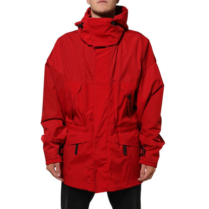 Dolce & Gabbana Red Nylon Hooded Men Full Zip Parka Jacket