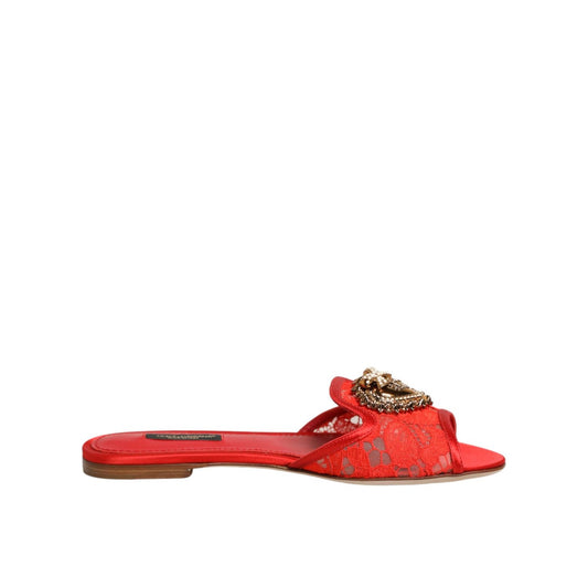 Dolce & Gabbana Red Devotion Lace Flats Slip On Sandals Shoes 1728,67345645728,Dolce & Gabbana,EU36.5/US6,EU36/US5.5,Flats - Shoes,Material: 13%CO+02%PA+21%SE+64%VI,New with tags,Red,Shoes,Slides - Flats - Shoes,Women