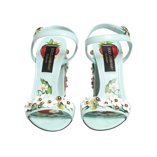 Dolce & Gabbana Mint Green Floral Studs Heels Sandals Shoes