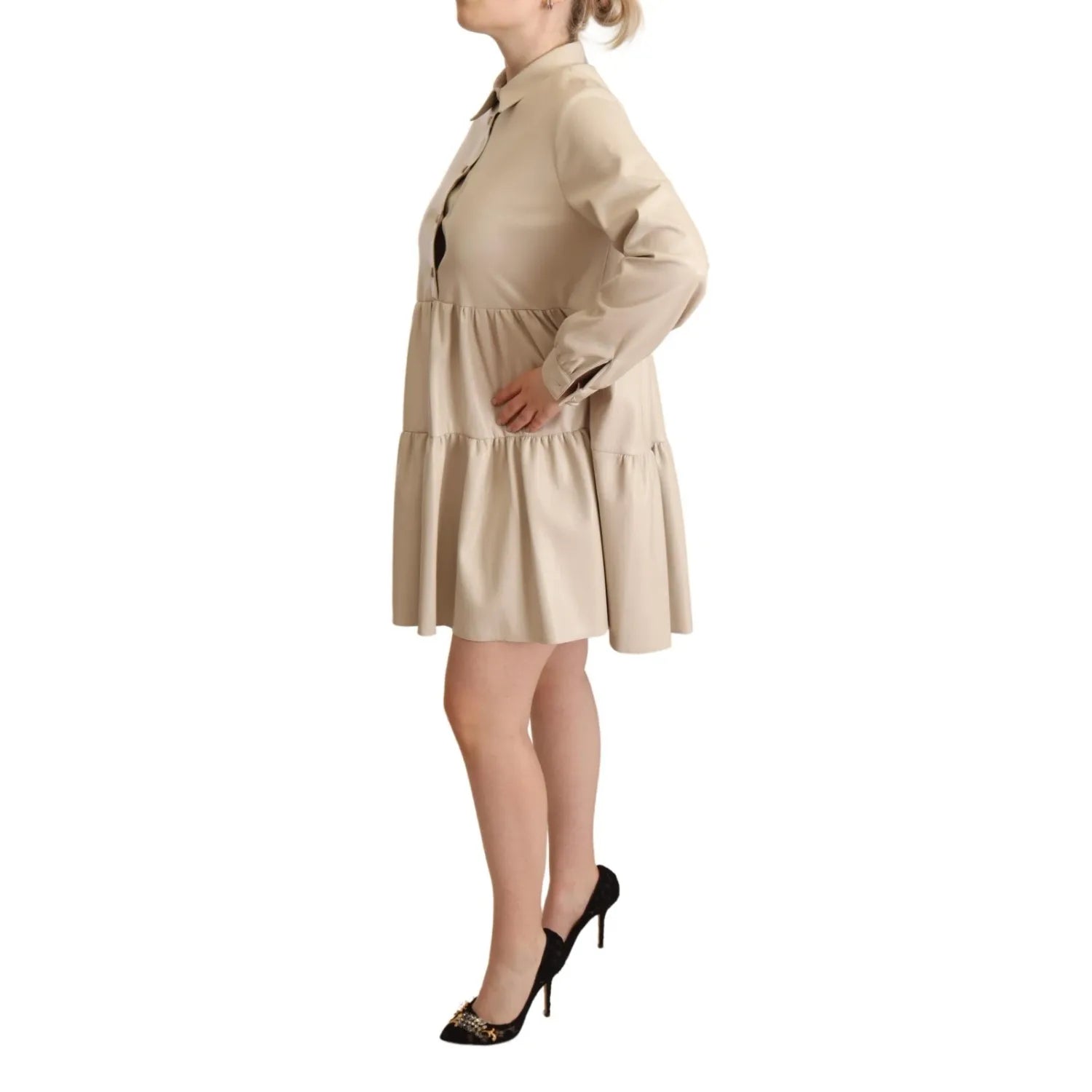 Jucca Leather Beige Long Sleeves Collared A-line Mini  Dress