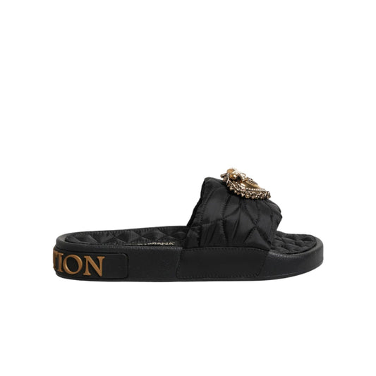 Dolce & Gabbana Black Devotion Matelassé Leather Slides Shoes 1728,67345645728,Black,Dolce & Gabbana,EU35/US4.5,Flats - Shoes,Material: 90%PA+10%PU,New with tags,Shoes,Slides - Flats - Shoes,Women