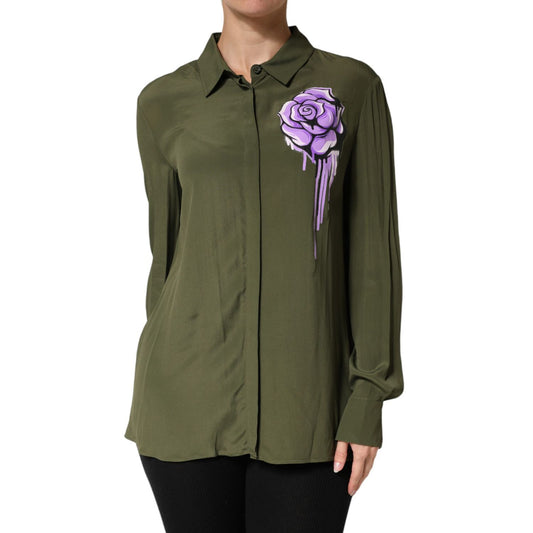 Boutique Moschino Top Green Acetate Collared Long Sleeves Floral Top